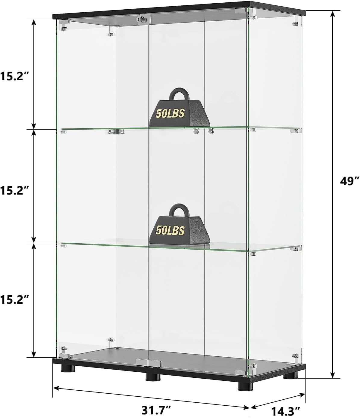 Diagram showing the dimensions of the display cabinet: 49 inches height, 31.7 inches width, 14.3 inches depth, and 15.2 inches shelf height, with 50 lbs weight capacity per shelf indicated.