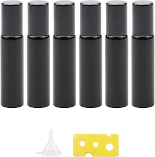 6Pcs Glass Roller Bottles, 10ml UV Coated Glass Roller Bottles with Stainless Steel Roller Ball, Roll-on Bottles Vials for Essential Oil Perfume, Black Metallic Caps