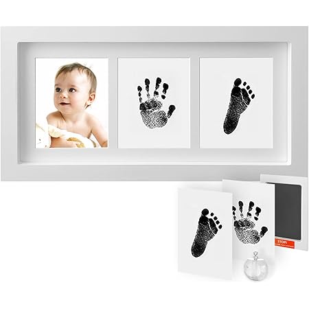 Amazon 生まれたばかりの赤ちゃんの手形とfootprintのフォトフレーム赤ちゃんのインクの手と視のキット 白い ベビーフォトフレーム 写真立て ベビー マタニティ 通販