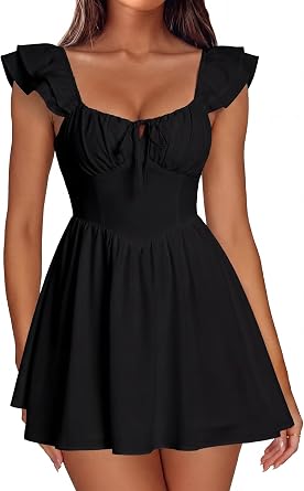 Parthea Summer Corset Mini Graduation Dress Ruffle Sleeve Back Tie Flowy A Line Party Short Sundress for Women