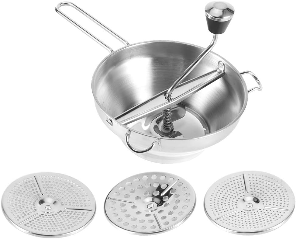 Multifunctional Manual Food Mixer, Stainless Steel Vegetable Fruit Blender with 3 Interchangeable Discs for Mashing Sweet Potato Salad, Kitchen Hand Operated Food