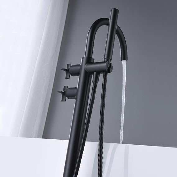 Freestanding Bathtub Faucet Tub Filler Black Floor Mount Brass Faucets with Hand Shower
