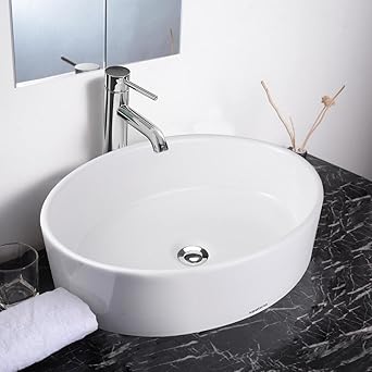 Aquaterior Porcelain Bathroom Vessel Sink 19"x14" Oval Vanity Basin with Chrome Drain Above Counter Bowl White Minimalist Modern