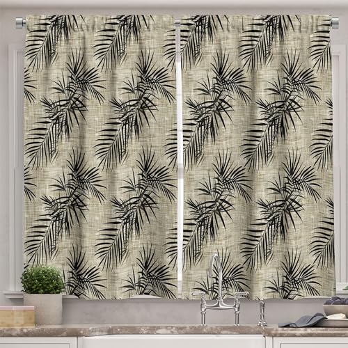 Ambesonne Palm Leaf Kitchen Curtains, Summer Night Theme Exotic Leaves with a Fabric-Like Background Print, Window Drapes 2 Panel Set for Kitchen Cafe Decor, 55" x 39", Sepia and Charcoal Grey