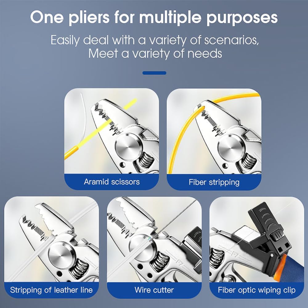 8-in-1 Multifunctional Fiber Optic Wire Stripping Pliers, 3 Hole Fiber cable stripper, Scissors, Steel Wire Cutter, Cleaner, for Leather Wire Cable, Bare Fiber, Tail Fiber FTTH Network Work image 5