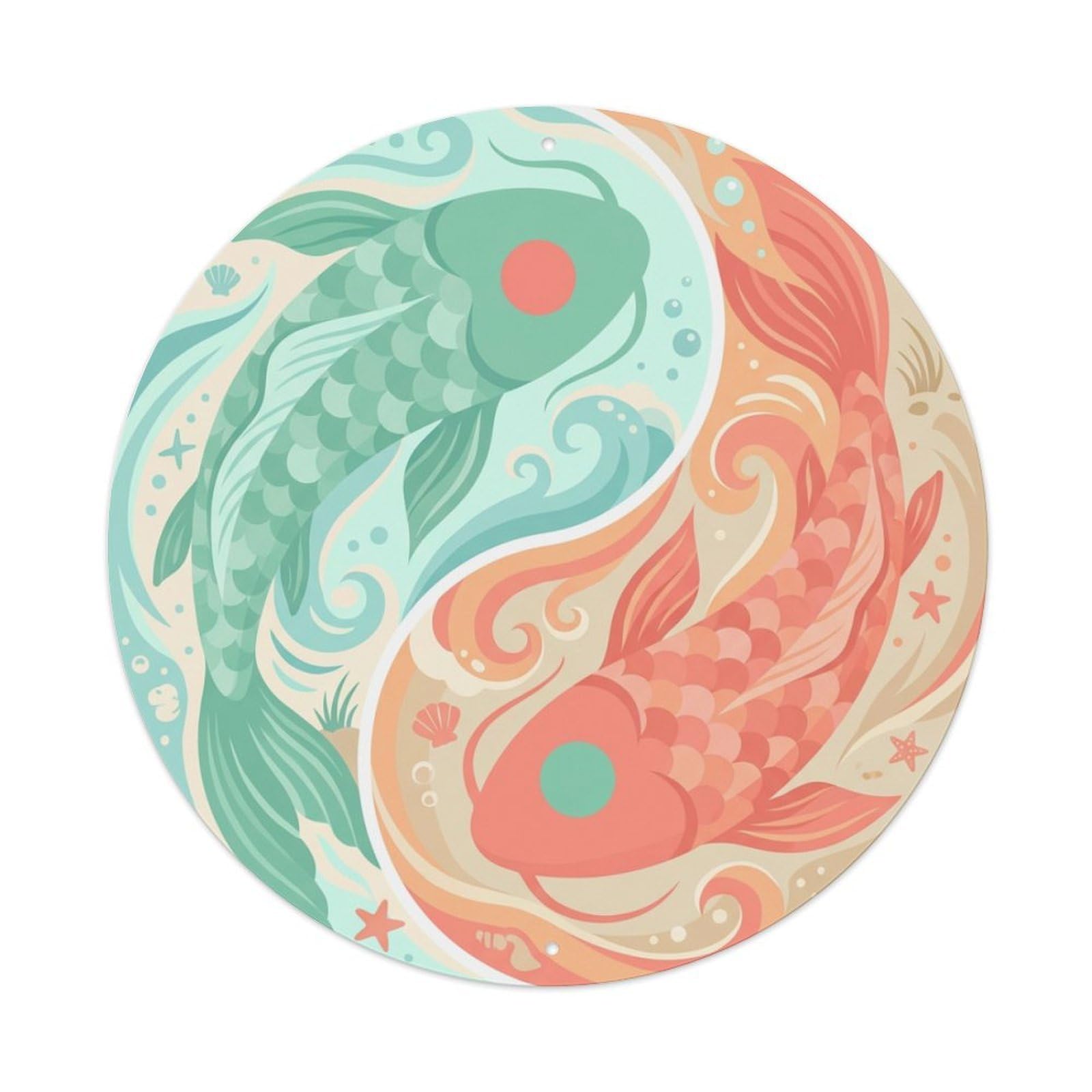 Metal Tin Sign Tai Chi Koi Fish Seafoam Coral