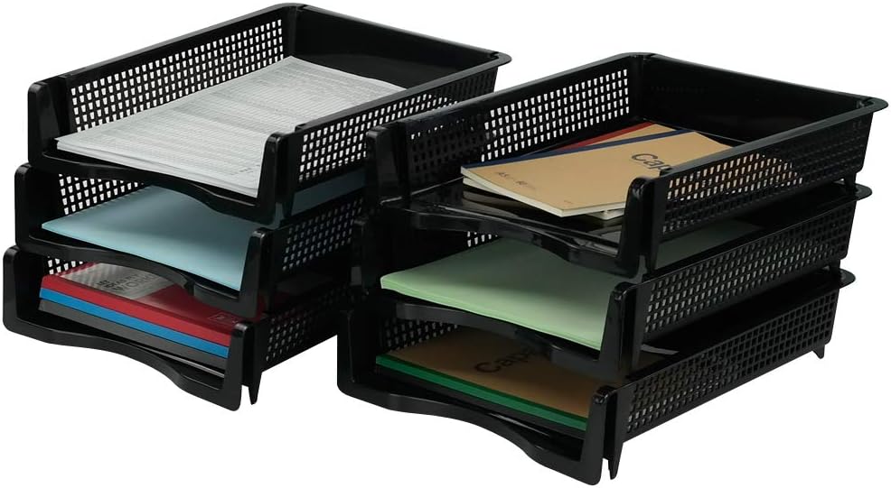 6-Pack Black Plastic Stackable Paper Tray/Basket, Stackable Office Lletter Organizer Desk Tray