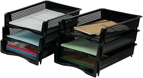 Miniatura 6 de Qskely Paquete de 6 bandejas de papel apilables de plástico negro, bandeja organizadora apilable para oficina, bandeja de escritorio