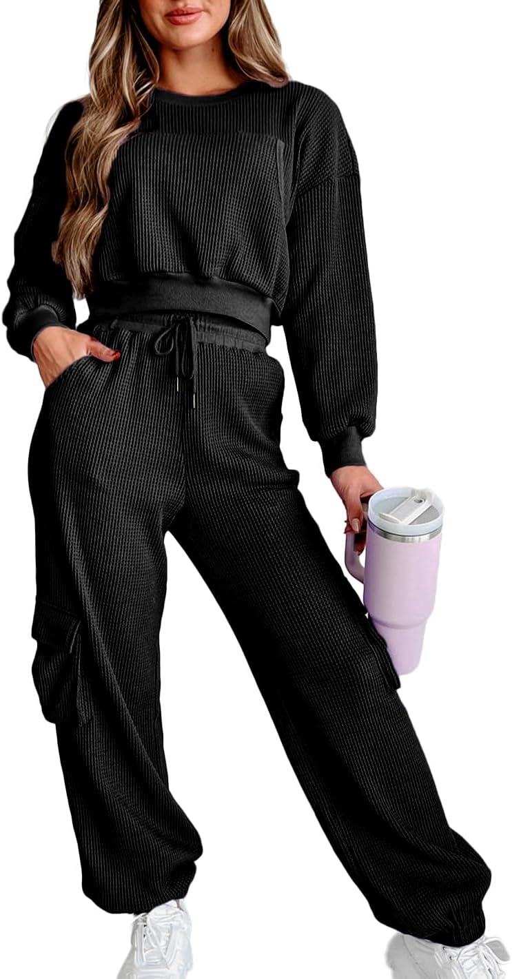 Kedera Womens Waffle Knit Pajamas Sets 2 Piece Outfits Knit Long Sleeve Pullover and Pants Sweatsuits