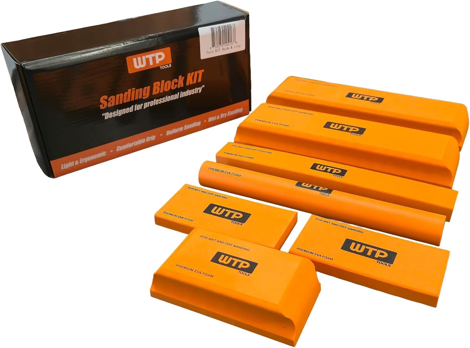 Professional Sanding Block Kit, 7 Piece Orange EVA Foam Set, Hook and Loop Surface, Wet and Dry Sanding (Hook & Loop)