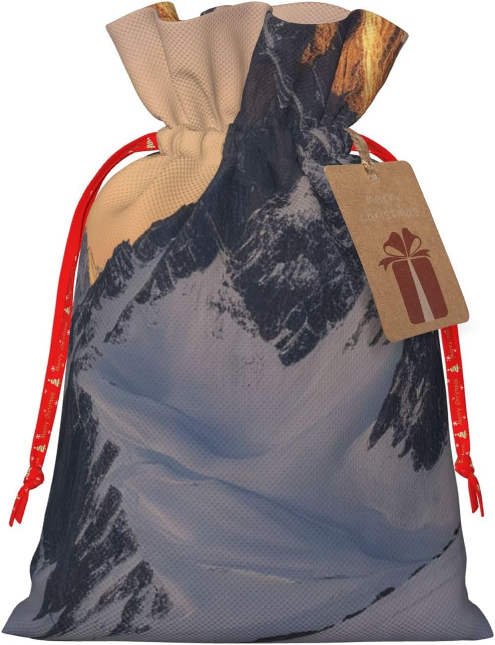 Christmas Drawstring Gift Bag with MountainsPrint,Reusable Gift Bags with Kraft Paper Tags Medium Size