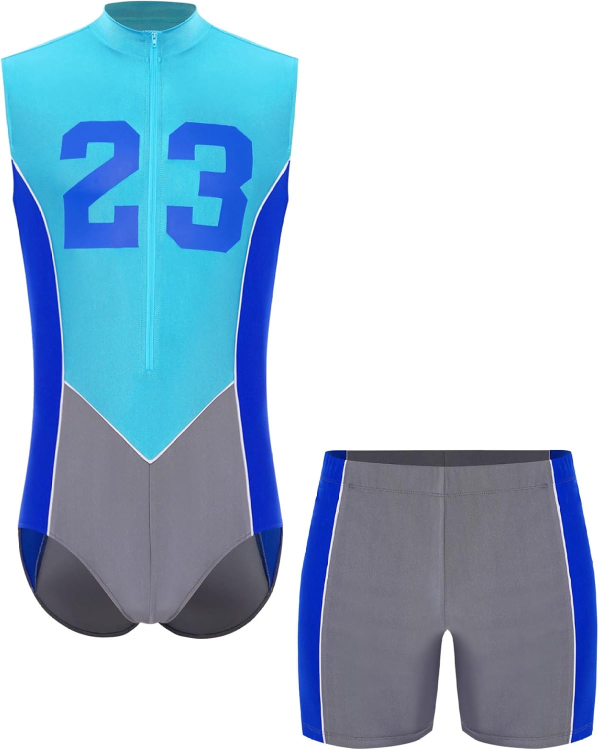Men Cycling Outdoor Sports Costume 2 Piece Gymnastics Leotard with Running Shorts Set Pool Swimsuit Blue Gray XX-Large