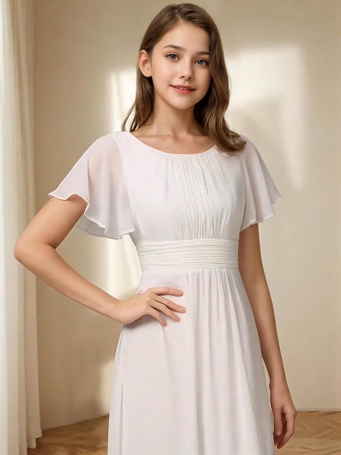 Junior Bridesmaid Dresses Short Sleeves A-Line Chiffon Flower Girl Dress Graduation Dresses for Girls Formal Gown