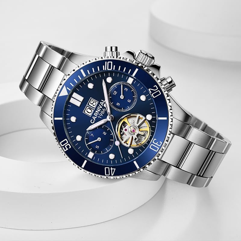 Carnival Skeleton Men's Watch,Luxury Stainless Steel Sports Automatic Mechanical Wristwatch,100FT Waterproof Hands Self-Wind Watchwaterproof