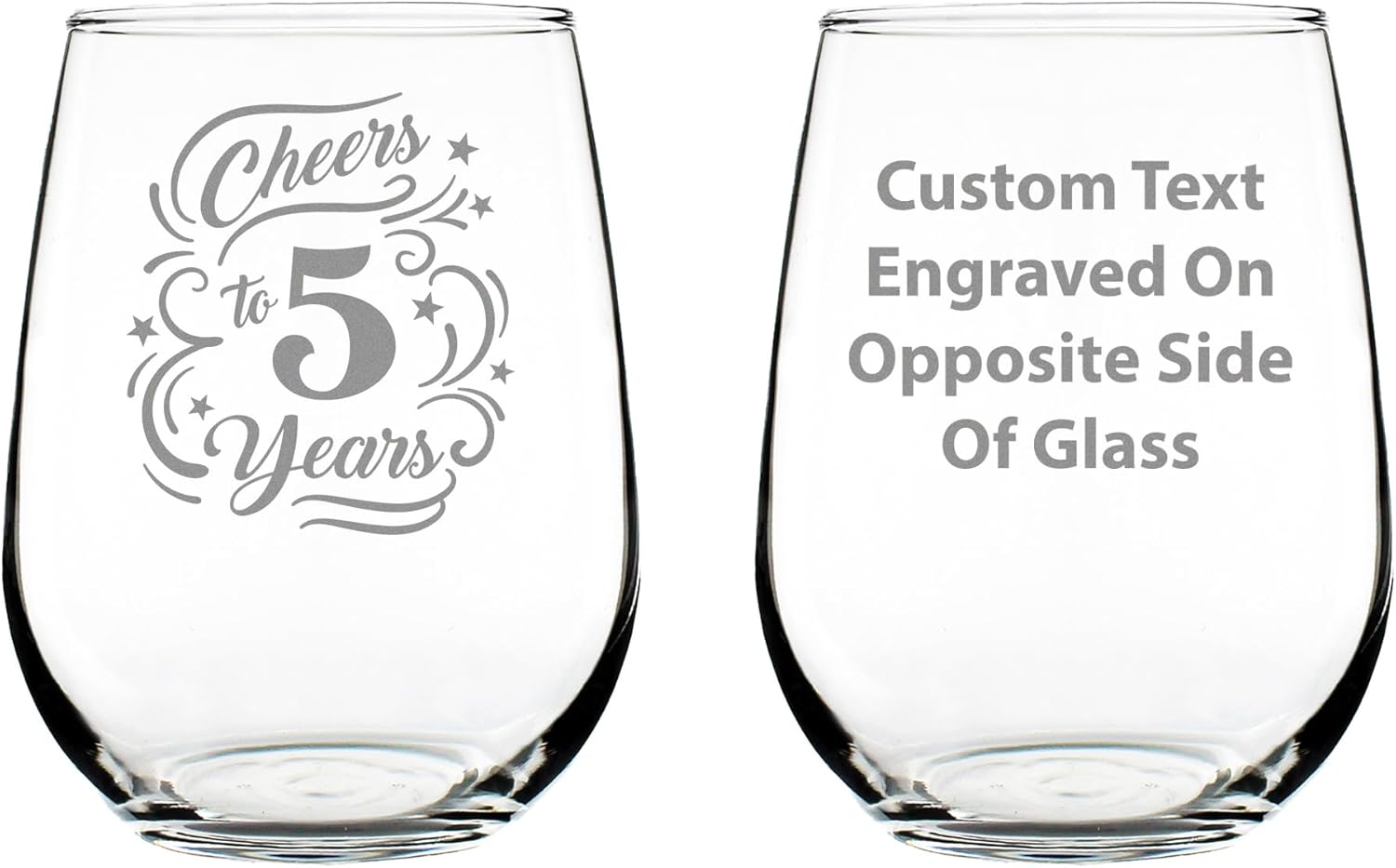 Bevvee Cheers to 5 Years - Stemless Wine Glass Gifts for Women & Men - 5th Anniversary Party Decor - Set of 2 - Large 17 Oz Glasses