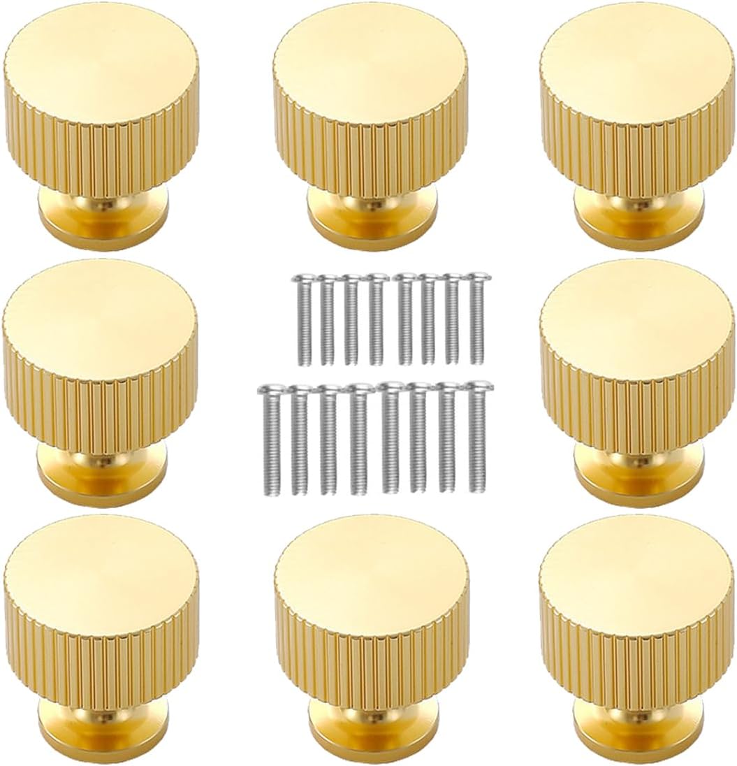 25MM Round Ball Cabinet Knobs, [8 Pack] Antique Brushed Gold Brass Ball Knobs for Cabinets/Dresser/Kitchen, Round Gold