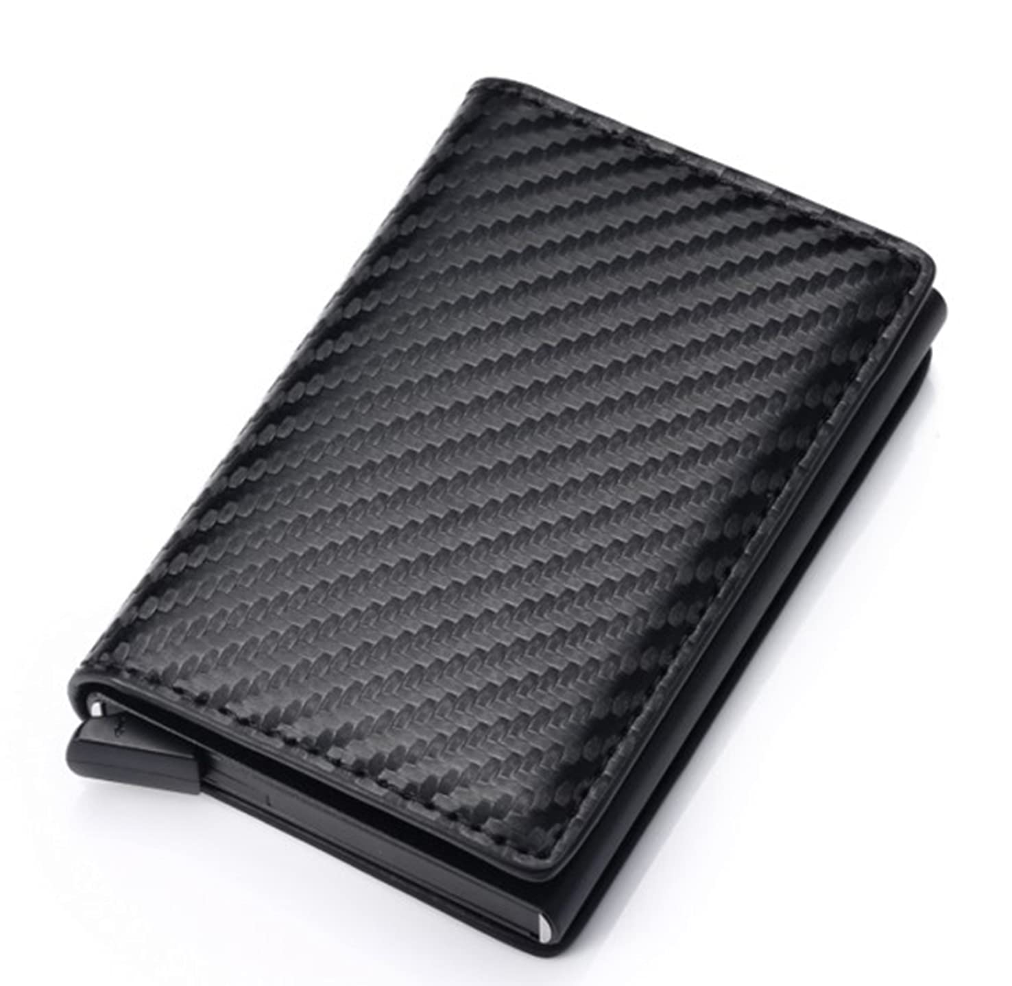 GenericCredit Card Holder RFID Blocking Leather Automatic Pop Up Wallet Aluminum Slim Pocket Bifold Business Card Case, Carbon Firer Black,