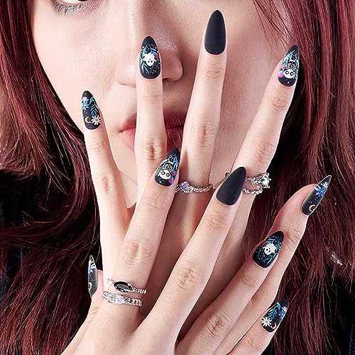 GLAMERMAID Dull Polish Black Press on Nails Medium Almond, Halloween Floral Ghost Gel Glue on Nail, Gothic Short Stiletto Reusable UV Finish Fake Nail, Acrylic Oval False Nails Manicure Kits for Women — view 5