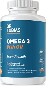 Dr. Tobias Omega 3 Fish Oil 2000mg Triple Strength with 800mg EPA 600mg DHA Per Serving | Fish Oil Omega 3 Supplements for Heart Brain & Immune Support - 60 Softgels 30 Servings