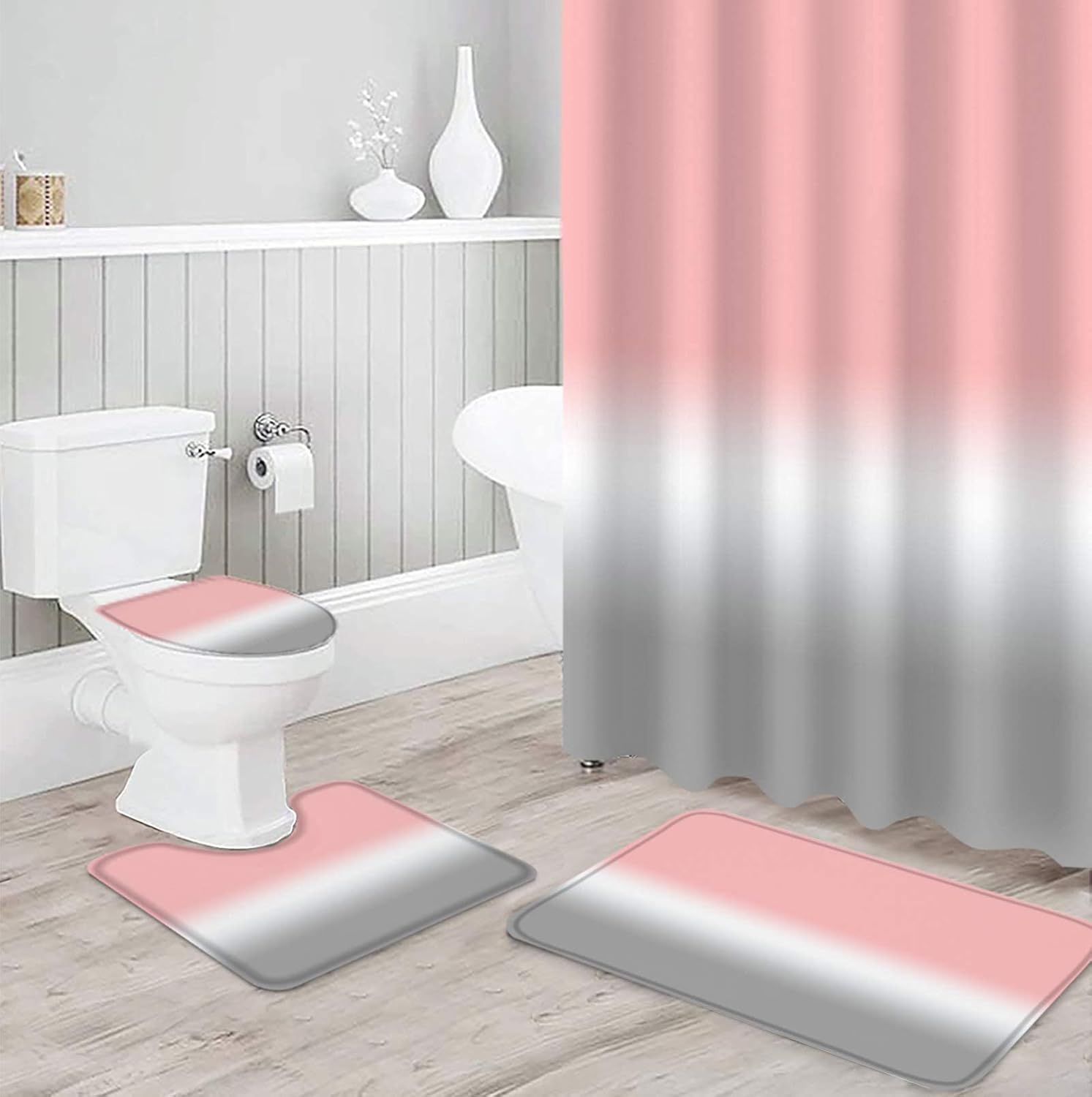 jieprom 4PCS Peach Pink Grey Ombre Shower Curtain Set with