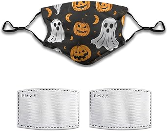 Halloween Pumpkin Ghost Face Mask Adult Washable Reusable Pleated Dust Mask 5-Layer Protection Carbon Filter Fashion Adjustable Anti Dust Cloth Mouth Masks with 2 Filters for Women Men, 1 Pcs M