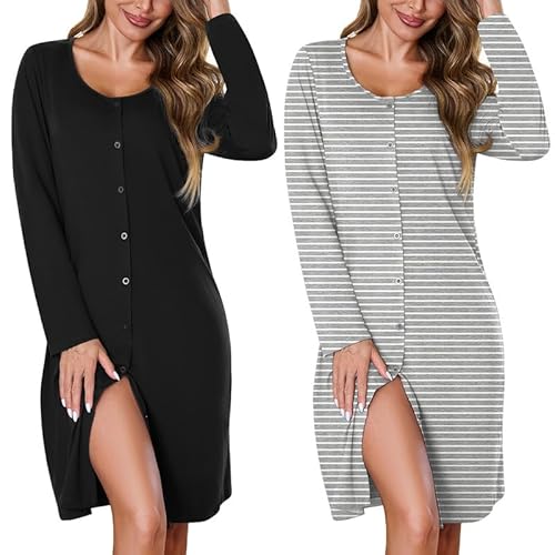 Marvmys Women's Nightgown 2 Pack Long Sleeve Button Down Sleep Shirt Nightshirt V-Neck Sleepwear Pajama Dress S-3XL X-Large Black & Grey Stripe