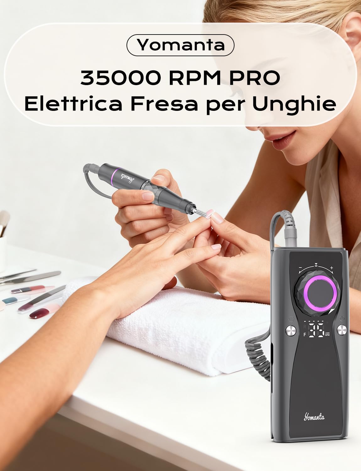 Fresa per Unghie Professionale Ricaricabile Portatile 35000 RPM Schermo LCD lima elettrica per unghie con 12 Testine Iucidanti Velocità Regolabile Manicure Setper Casa e Salone