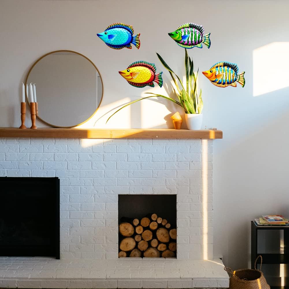 Metal Fish Wall Decor 11.8'' Metal Colorful Tropical Fishes 3D Outdoor Sculpture Indoor Outside Beach Ocean Theme Metal Wall Art Decor for Bathroom Living Room Patio Pool Yard Fence Wall Decorations