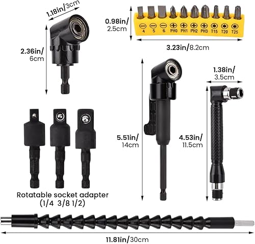 Miniatura 3 de 17 extensiones de broca flexible, con 3 adaptadores de enchufe giratorios, 2 accesorios de taladro hexagonal de 105° en ángulo recto, 10 puntas de