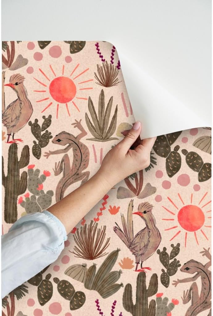 Peel & Stick Wallpaper 3ft x 2ft - Desert Earth Tones Sun Lizards Cactus Garden Southwestern Custom Removable Wallpaper by Spoonflower