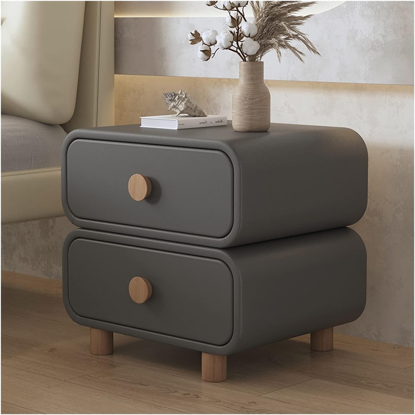 Side Table Wood Bedside Tables 19.6 "H Nightstand Square Modern End Side Table Faux Leather Storage Shelf(L45xD40xH50cm)