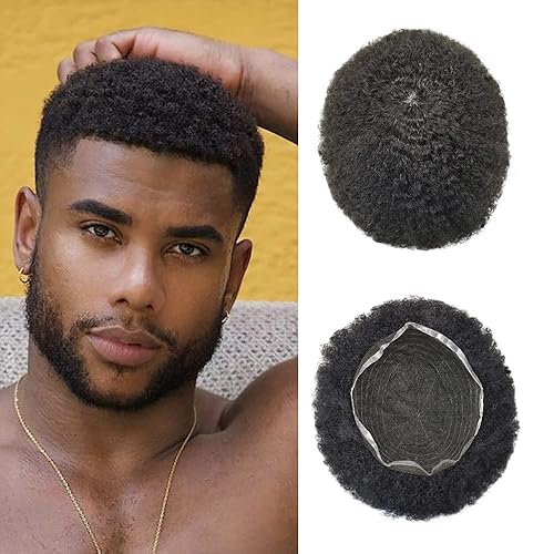 Afro Toupee para hombres negros, unidad de cabello humano rizado brasileño para hombres negros, encaje completo, afro para hombre, tupé