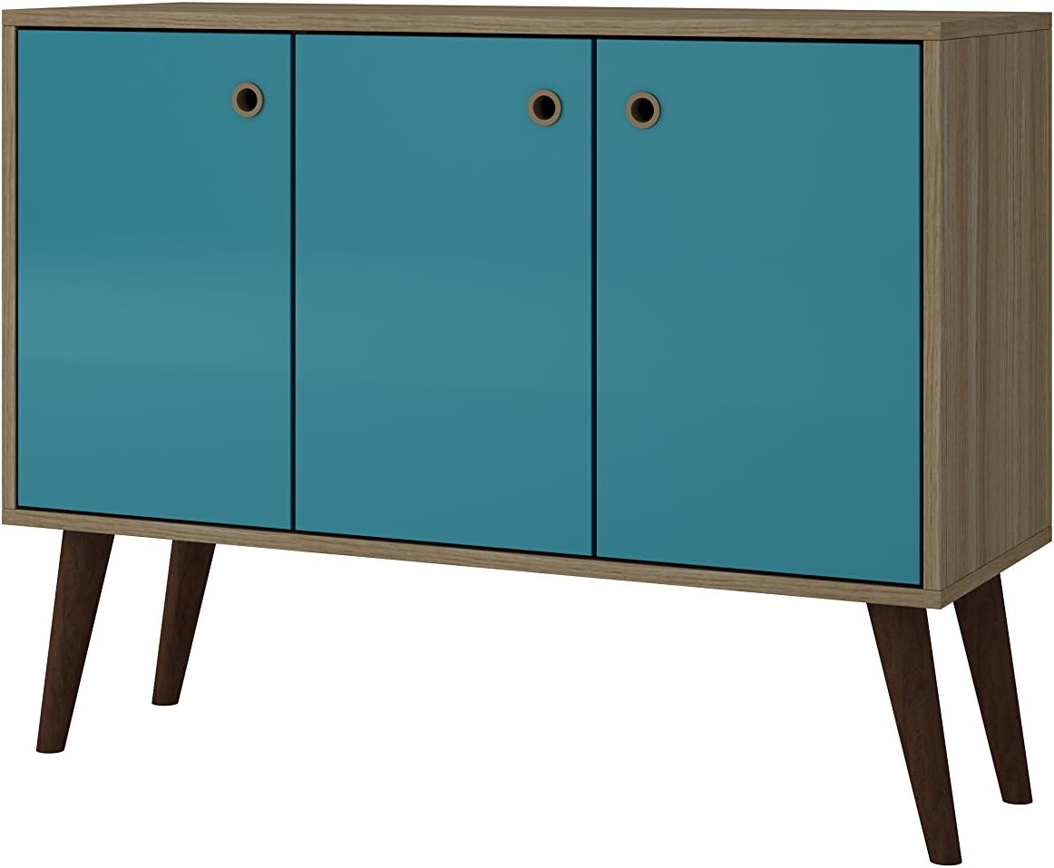 ModHaus Living Mid Century Modern Sideboard TV Stand with e Shelves 2 Doors and Solid Wood Splayed Legs - Includes Pen (Oak and Aqua)