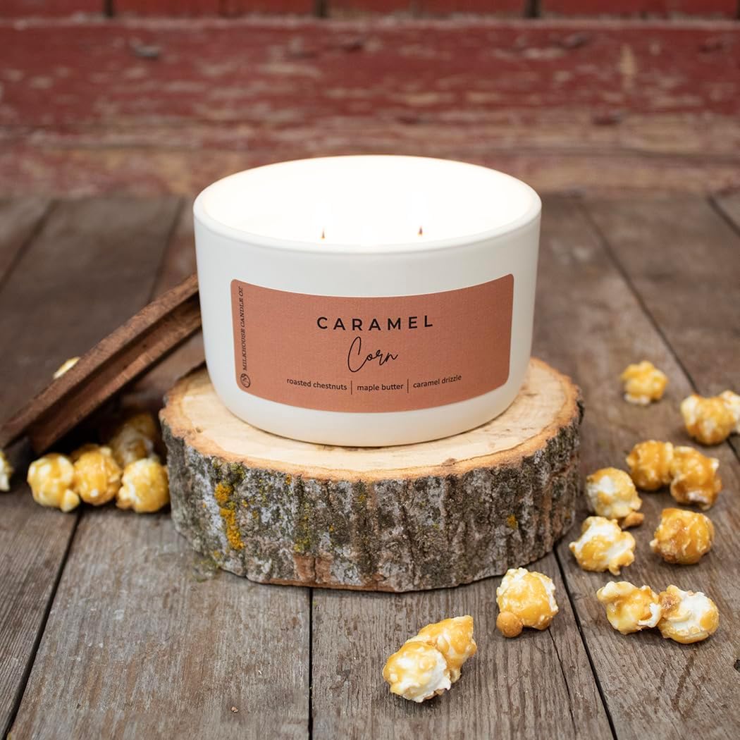 Milkhouse Candle Company Caramel Corn Soy Candle - Roasted Chestnuts | Maple Glaze | Pecan Scented - 10 oz Signature Statement Candle with Lid, 20+ Hour Burn Time, Made in the USA