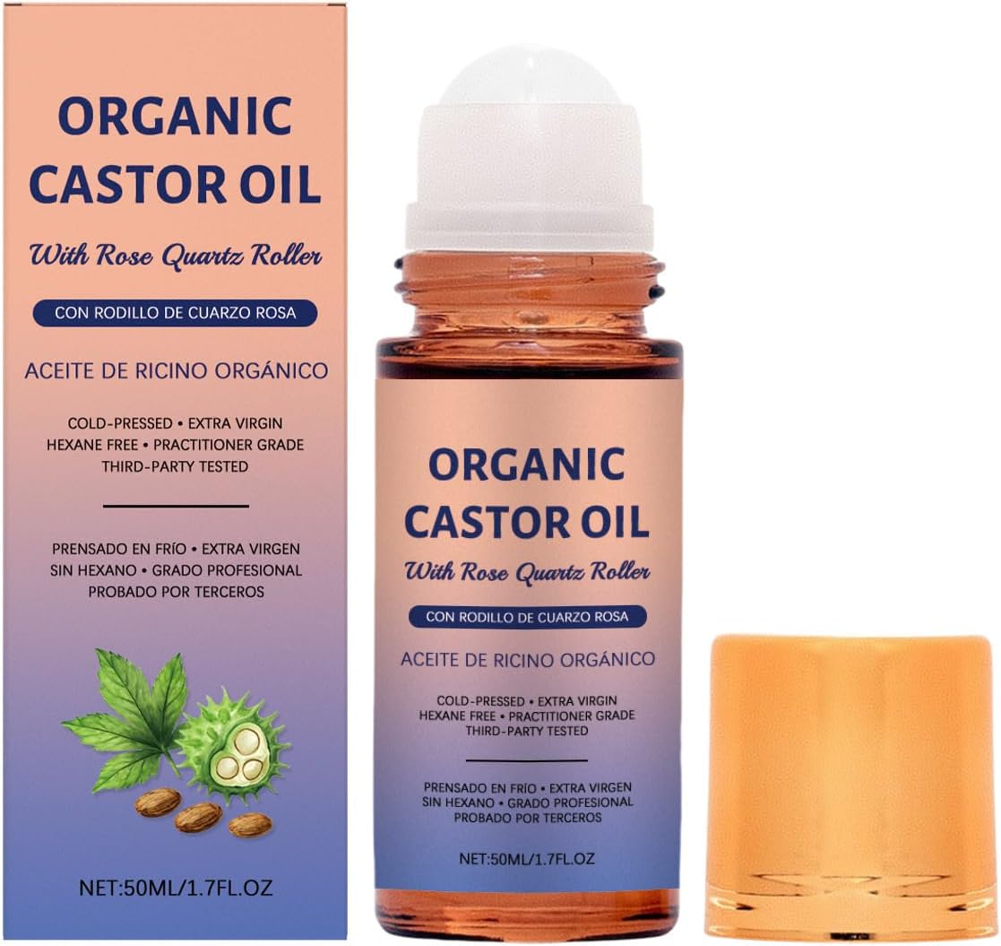 Castor Oil Rose Quartz Roller Ball :​ Deep Moisture Skin Treatment with Pure Cold-Pressed & Hexane-Free Massage Oil for Mature Skin (1.7 FL. OZ.)