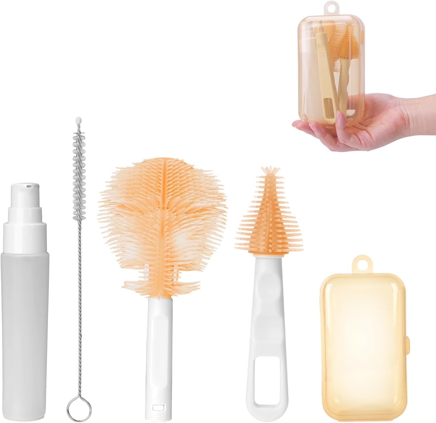 Travel Bottle Brush Set, Portable Bottle Cleaner Kit with Silicone Bottle Brush, Nipple Brush, Straw Cleaner, Bottle Soap Dispenser (White)