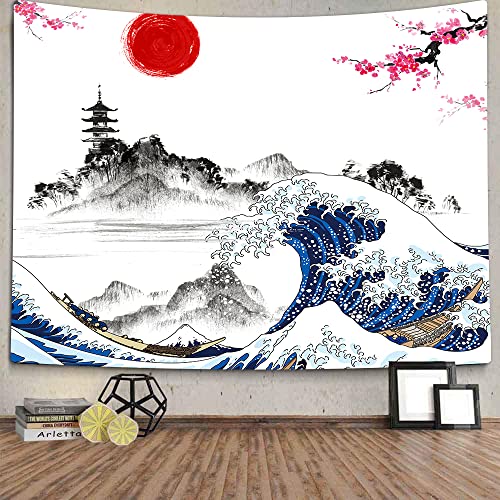 Tomoz Japanese Wave Tapestry, Asian Anime Mount Red Sun Cherry Blossom Tapestry Wall Hanging, Natural Landscape Tapestry For Bedroom Living Room Dorm Decor 60 X 51Inches #TOP1