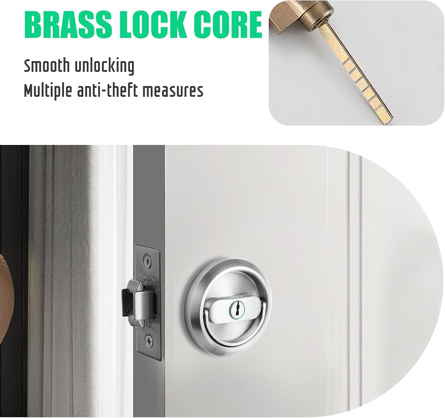 Pocket Door Lock with Key, Round Recessed Pocket Door Latch with Hidden Pull Ring, 2-3/8" Backset (1 Pack Silver)