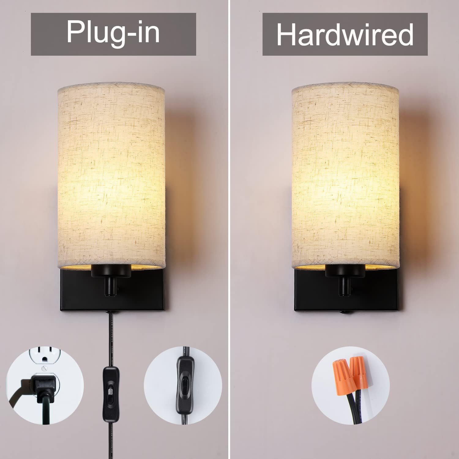Modern Wall Light Set of 2 Cylindrical Beige Fabric Shade Wall Sconce with Plug-in Cord and On/Off Switch Indoor Wall Lamp for Living Room Dining Room Bedside Reading