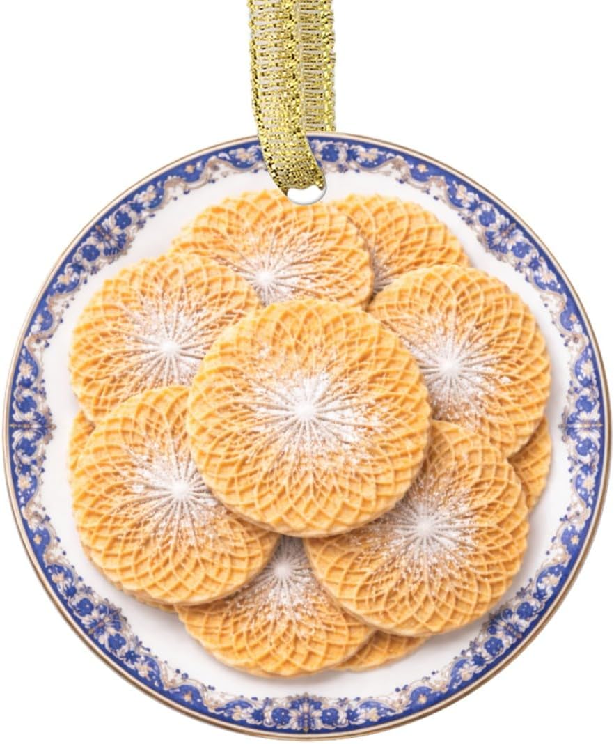 Homemade Pizzele Cookies Sweet Wafer Biscuit Thin Crisp Dessert Bakery Inspired Treat Personalized Food Flat Printed Image on Ceramic Ornament – NOT 3D, Custom Text Back, Christmas Ornament