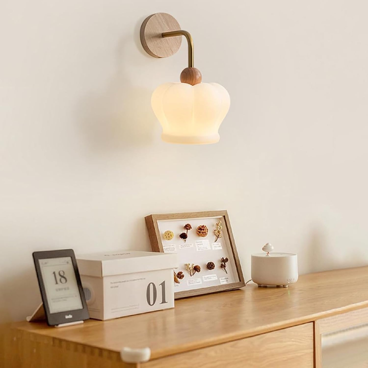 Vintage Milk White Glass Wall Sconce Wood Mid Century Wall Light Kids Bedroom Crown Shade Nordic Industrial Farmhouse Wall Mounted Lamp for Girls Room Children Bedside Nursery Hallway