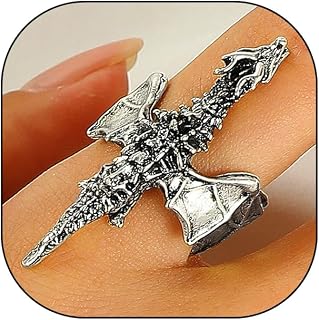 Punk Ancient Flying Dragon Ring for Women Vintage Silver Monster Wing Open Ring Gothic Joint Knuckle Finger Ring Halloween Jewelry Gift for Men