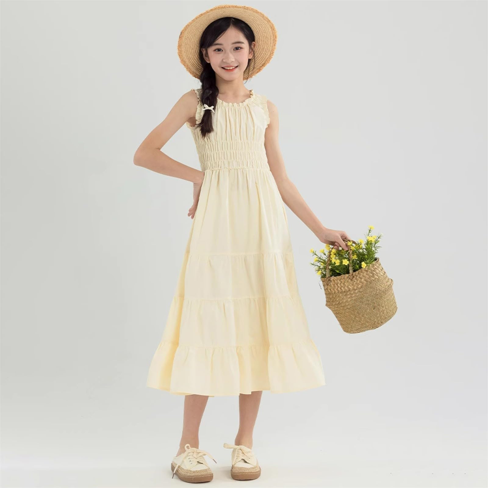Vestito da ragazza estivo casual boho spiaggia midi fluente prendisole bambini senza maniche smock vacanza A Line abito adolescenti abiti morbidi comfort