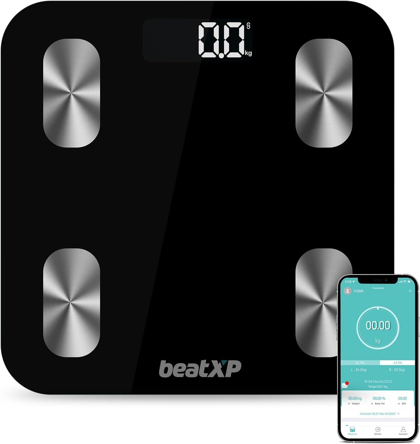 beatXP Weighing Scale with 13 Essential Body Parameters | Bluetooth Weighing Machine with Smart Fitness App and Backlit LCD Display (12 Months Warranty) (SmartPlus)