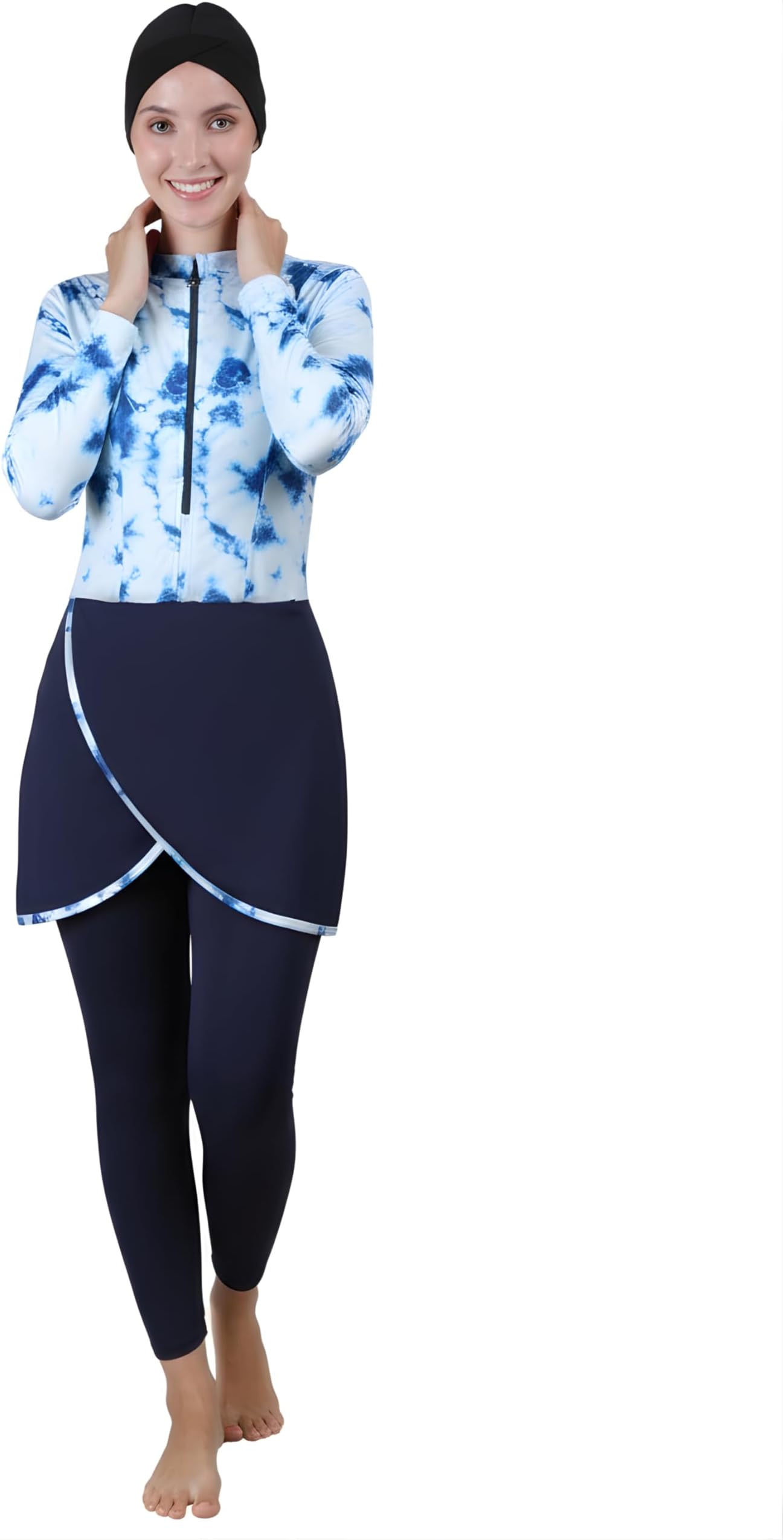 Women 3 Piece Printed Modest Muslim Swimsuit Full Coverage Removable Chest Pads Islamic Swim Hijab Cap Swimming Costume Burkini Swim Suit Swimwear