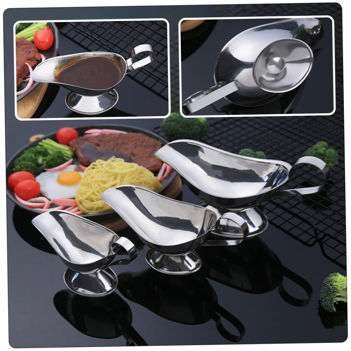 Garneck 2pcs Sauce Dispensers Milk Jug Bowls Braiser Pan with Lid Dipping Sauce Bowl Saucer Boats with Handle Mini Sauce Pots Gravy Boats Condiment Bowl Spoons Cups Stainless Steel Silver