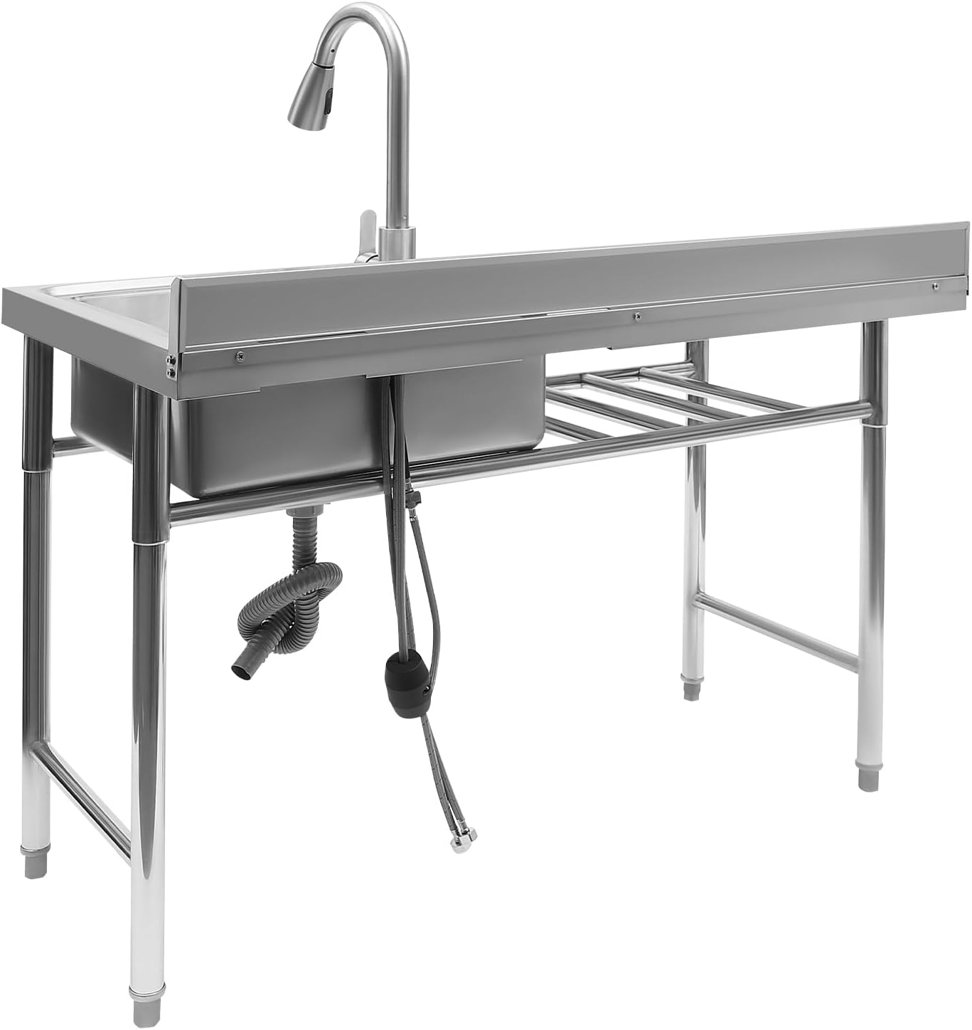 Free Standing Kitchen Sink, Stainless Steel Single Bowl Commercial Restaurant Kitchen Sink Set w/Faucet, Prep & Utility Sink Washing Hand Basin w/Workbench & Storage Shelf Indoor Outdoor