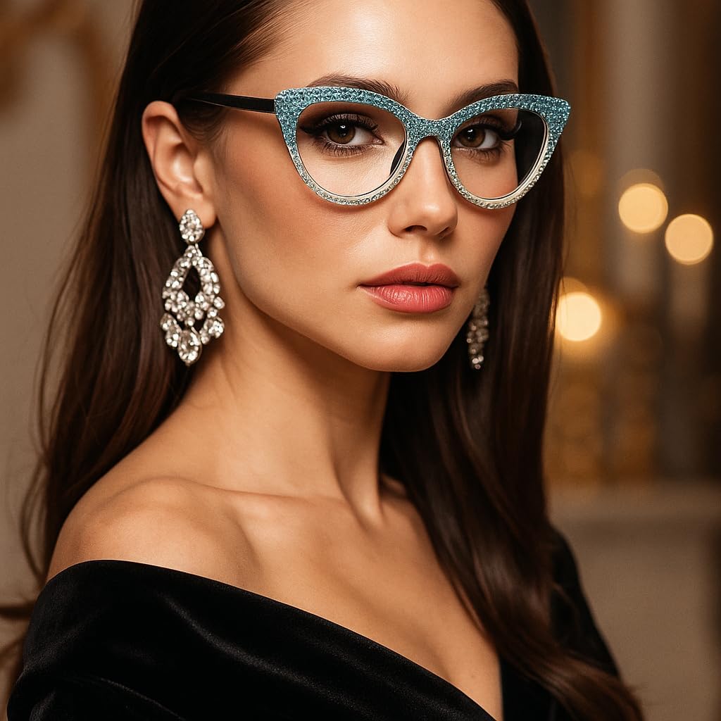 ICARA Oprah style Bling Rhinestone Cat Eye Reading Glasses for Women Shiny Diamond Blue Light Blocking Ladies Readers
