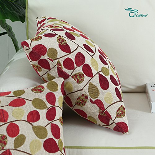 Calitime Cushion Cover Throw Pillow Case Shell For Couch Sofa Home Decoration Luxury Chenille Cute Leaves Both Sides 18 X 18 Inches Ecru Red #TOP4