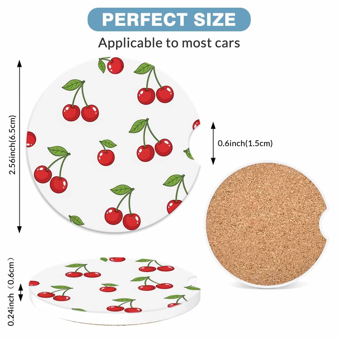 Red Cherry Podstawki samochodowe na uchwyty na kubki, owoce, tropikalne słodkie jagody, 2 sztuki, do samochodu, antypoślizgowa ceramiczna mata samochodowa z wycięciem na palec, urocze akcesoria do